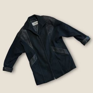 Vintage 80s/90s Trendz Oversized Wool Coat – Textured Leather Panels – Black – L